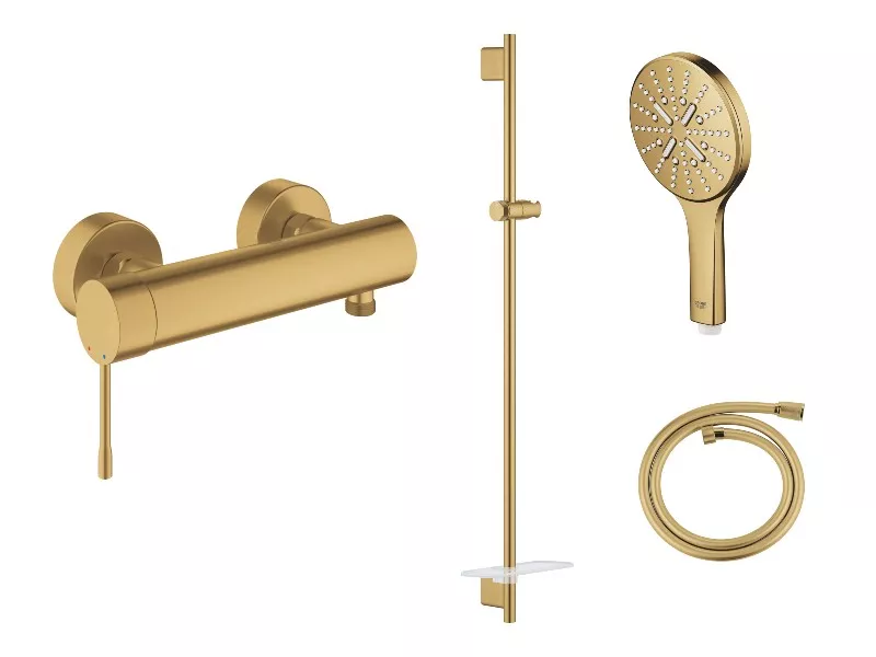 Baterii sanitare - Set baterie dus Grohe Essence 33636GN1, 1/2'', monocomanda, coloana dus, 1.25 m, 3 pulverizari, etajera, mat, auriu