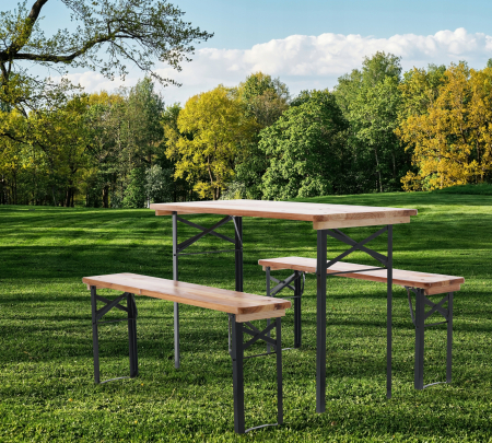 Set berarie din lemn masiv, plabil, pentru terasa sau gradina, o masa si doua banci, 117x56cm, natur [1]