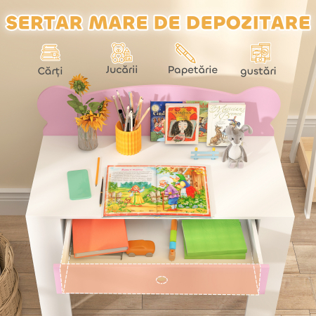  Set Birou cu Sertar si Scaun pentru Copii cu Ursulet 3-8 Ani Roz [4]