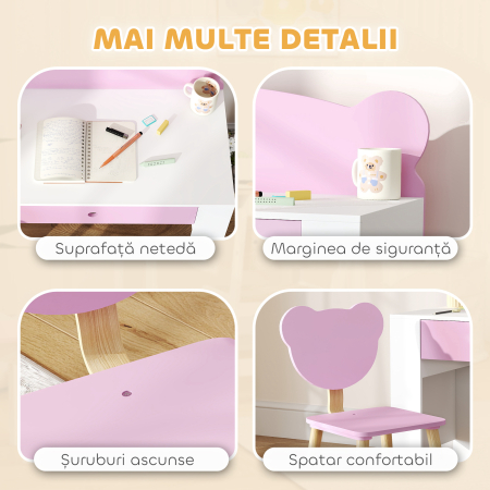  Set Birou cu Sertar si Scaun pentru Copii cu Ursulet 3-8 Ani Roz [5]