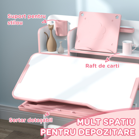  Set Birou pentru Copii 3-12 Ani Reglabil pe inaltime si Blat inclinabil la 45°, 80x55x107.5 cm, Culoare Roz [5]