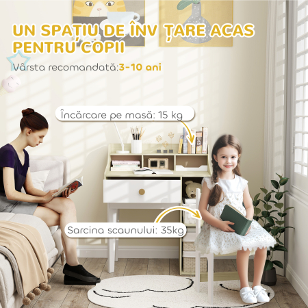  Set Birou pentru Copii cu Raft de Depozitare, Sertar si Scaun din Lemn, 80,4x50x96 cm, Alb [6]