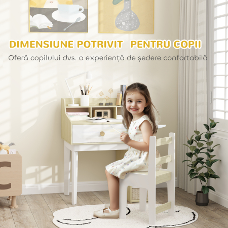  Set Birou pentru Copii cu Raft de Depozitare, Sertar si Scaun din Lemn, 80,4x50x96 cm, Alb [5]