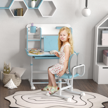  Set Birou si Scaun pentru Copii 3-12 Ani, Reglabil pe inaltime cu Blat inclinabil 0-45° 80×55×107,5 cm, Albastru [1]