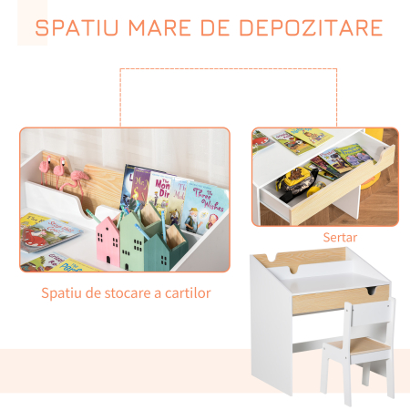  Set Birou si Scaun pentru Copii 6-10 Ani cu Raft si Sertar [5]