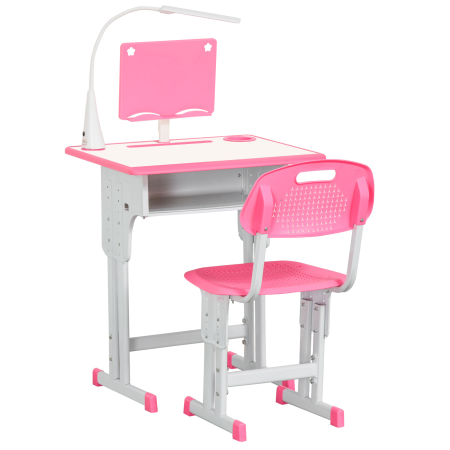 Dormitor & birou -  Set Birou si Scaun pentru Copii 6-12 Ani, inaltime Reglabila, Lampa LED, Sertar Depozitare, Suport Carti, Birou Ergonomic pentru Studiu, Roz