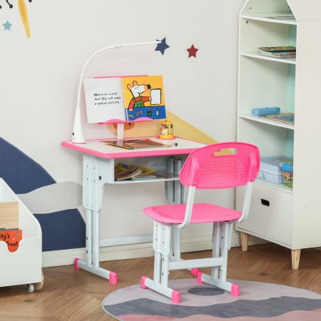  Set Birou si Scaun pentru Copii 6-12 Ani, inaltime Reglabila, Lampa LED, Sertar Depozitare, Suport Carti, Birou Ergonomic pentru Studiu, Roz [3]