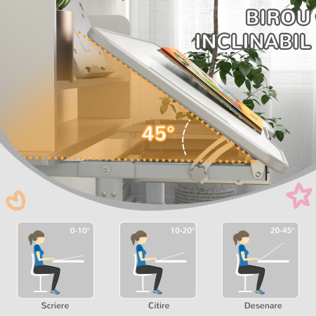 Set Birou si Scaun pentru Copii Reglabil in Inaltime Birou de Studiu pentru Copii pentru Scoala cu Sertar Raft pentru Carti Masa cu Unghi Reglabil Covoras [6]