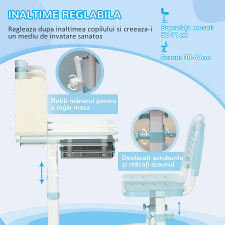  Set Birou si Scaun pentru Copii Reglabile, Inclinabila la 60° cu Sertar, Rafturi si Suport, 3+ Ani, Albastru [4]