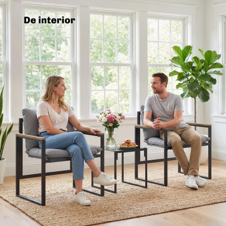  Set Bistro pentru 2 Persoane, Set din 3 Piese pentru Gradina cu Cadrul din Metal si Perne Groase [8]