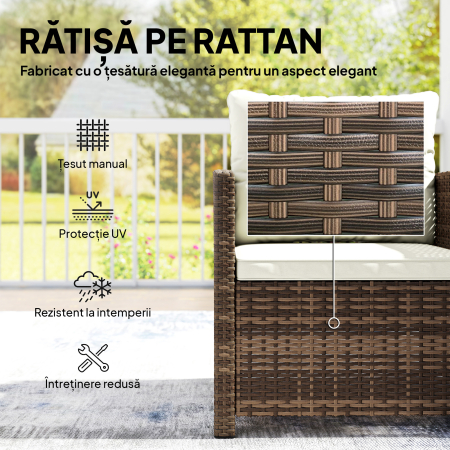  Set Bistro pentru Exterior 3 Piese din Ratan cu Masuta pe 2 Niveluri, Perne pentru Balcon si Terasa, Maro si Crem [4]