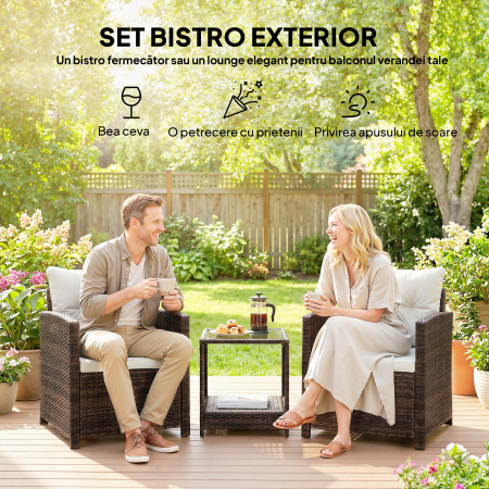  Set Bistro pentru Exterior 3 Piese din Ratan cu Masuta pe 2 Niveluri, Perne pentru Balcon si Terasa, Maro si Crem [3]