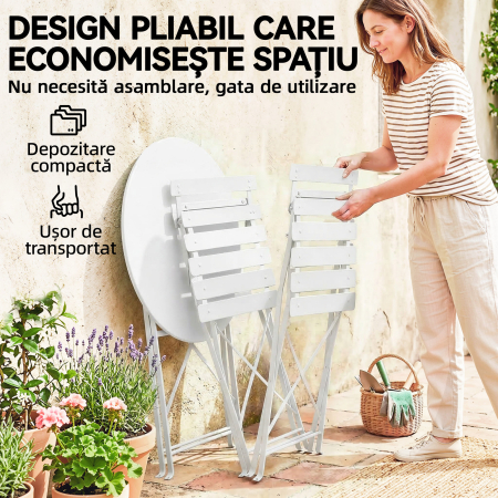  Set Bistro Pliabil pentru Exterior cu Masa si 2 Scaune, Alb [4]