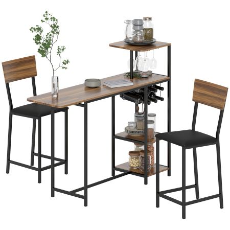 Mobila bucatarie -  Set Blat de Bar Pliabil si 2 Scaune, Suport Vin si Pahare, Maro