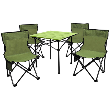 Gradina & balcon - Set camping 5 in 1 cu masa si 4 scaune pliabile, structura otel si blat aluminiu, 53x52x50 cm, verde