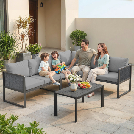  Set canapea coltar de gradina din metal, 3 fotolii, masuta cu efect lemn, gri inchis [1]