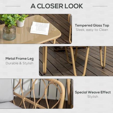 Set canapea din ratan PE din 4 piese, Seturi de mobilier de conversatie pentru gradina impletite, cu impletitura rotunda, cu perne groase capitonate si masuta cu sticla pentru balcon [5]