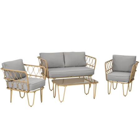 Gradina & balcon -  Set canapea din ratan PE din 4 piese, Seturi de mobilier de conversatie pentru gradina impletite, cu impletitura rotunda, cu perne groase capitonate si masuta cu sticla pentru balcon