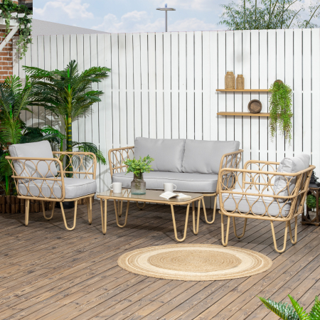  Set canapea din ratan PE din 4 piese, Seturi de mobilier de conversatie pentru gradina impletite, cu impletitura rotunda, cu perne groase capitonate si masuta cu sticla pentru balcon [1]