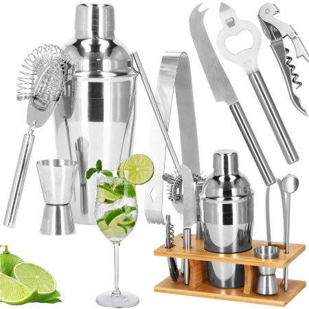 Set Cocktail Shaker Kit pentru barmani 550ml, KI22, suport bambus, 9 piese [33]