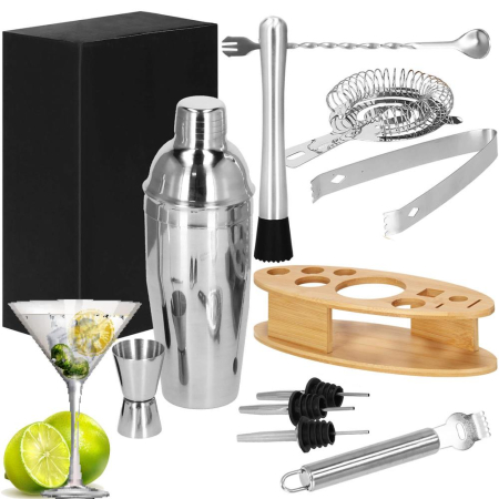 Set Cocktail Shaker Kit pentru barmani 550ml, KI24, suport bambus, 11 piese [23]