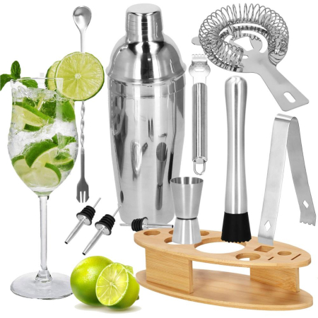 Set Cocktail Shaker Kit pentru barmani 550ml, KI24, suport bambus, 11 piese [24]