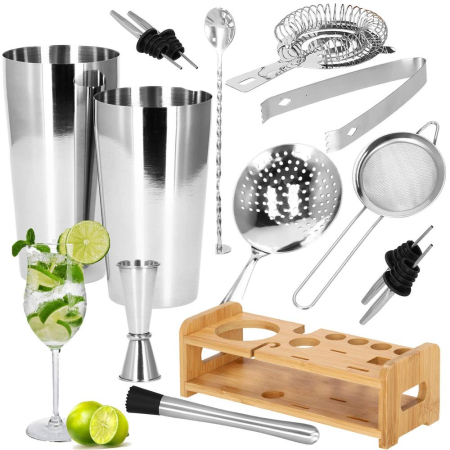 Set Cocktail Shaker Kit pentru barmani 750ml, KI11, suport bambus, 14 piese [4]