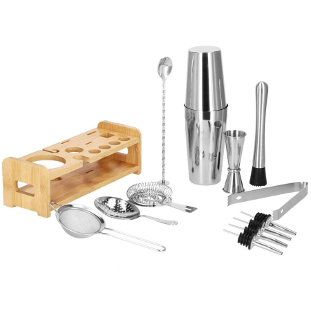 Set Cocktail Shaker Kit pentru barmani 750ml, KI11, suport bambus, 14 piese [17]