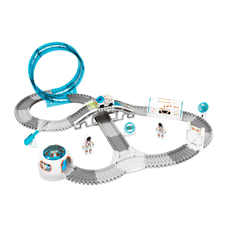Dormitor & birou - Set constructii traseu auto spatial pentru copii cu 205 piese, astronauti, vehicul electric si proiectie, 46x31x11 cm