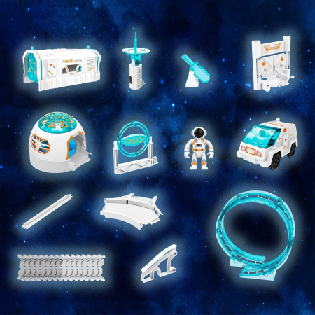 Set constructii traseu auto spatial pentru copii cu 205 piese, astronauti, vehicul electric si proiectie, 46x31x11 cm [2]
