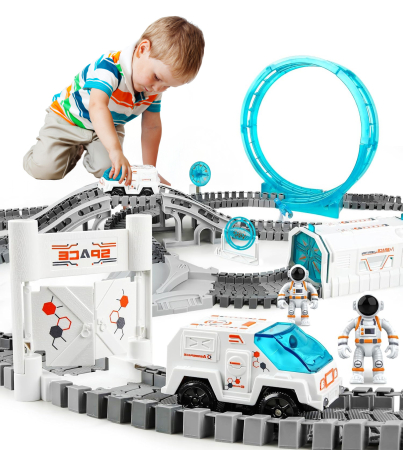 Set constructii traseu auto spatial pentru copii cu 205 piese, astronauti, vehicul electric si proiectie, 46x31x11 cm [1]