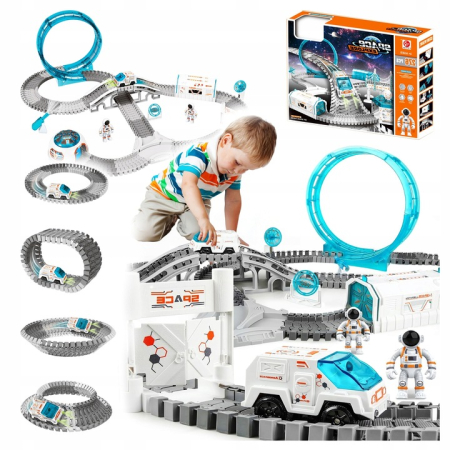 Set constructii traseu auto spatial pentru copii cu 205 piese, astronauti, vehicul electric si proiectie, 46x31x11 cm [4]