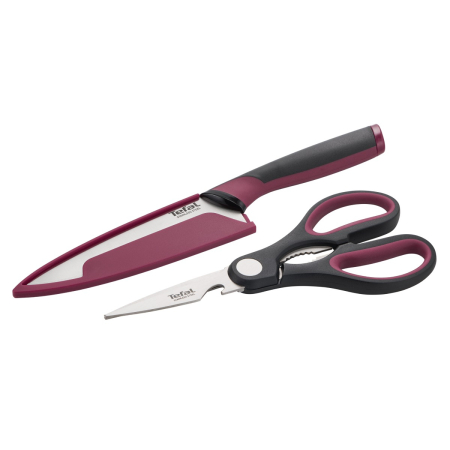 Bucatarie - Set cutit si foarfeca Tefal Comfort K250S225, lame din inox, lama 15 cm, manere ergonomice Soft Touch, protectii pentru lame, negru & visiniu