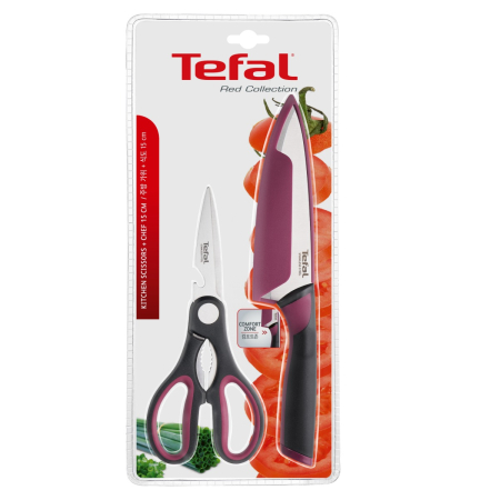 Set cutit si foarfeca Tefal Comfort K250S225, lame din inox, lama 15 cm, manere ergonomice Soft Touch, protectii pentru lame, negru & visiniu [10]