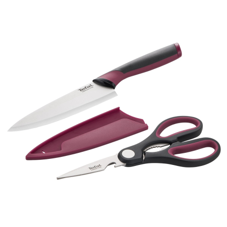 Set cutit si foarfeca Tefal Comfort K250S225, lame din inox, lama 15 cm, manere ergonomice Soft Touch, protectii pentru lame, negru & visiniu [2]