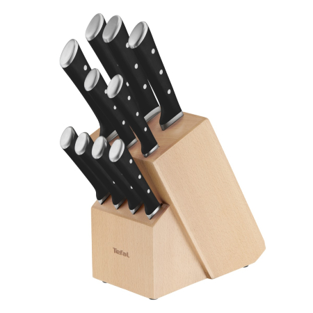 Bucatarie - Set de 10 cutite & suport Tefal Ice Force K232SA14, inox german, tehnologie Ice Hardening -120°C, lame ultra-ascutite, suport din lemn, negru & argin