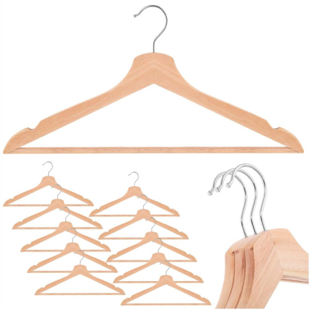 Set de 10 umerase din lemn cu carlig cromat rotativ, forma ergonomica, 43x21 cm, maro natur [4]