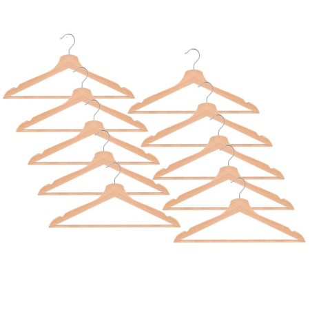 Umerase si huse haine - Set de 10 umerase din lemn cu carlig cromat rotativ, forma ergonomica, 43x21 cm, maro natur