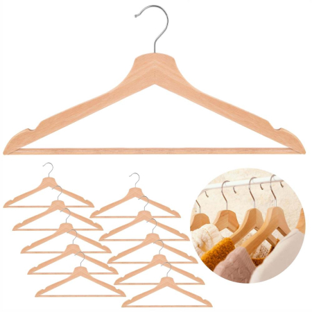 Set de 10 umerase din lemn cu carlig cromat rotativ, forma ergonomica, 43x21 cm, maro natur [3]