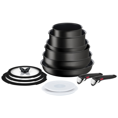 Vase & ustensile pentru gatit - Set de 13 piese Ingenio Unlimited L7639002, invelis antiaderent 100% sigur, Thermo-Signal™, 2 manere detasabile, aluminiu, negru