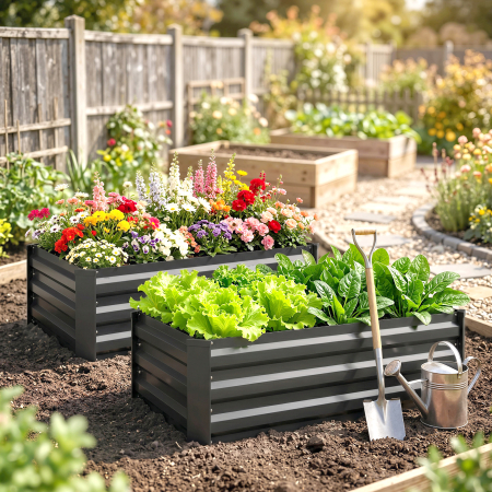  Set de 2 jardiniere pentru gradina cu fund deschis, din otel galvanizat, 100x60x30cm, gri [7]