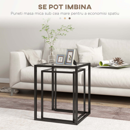  Set de 2 Mese Moderne Suprapuse Economie de Spatiu din Otel si Sticla Temperata, Negru [3]