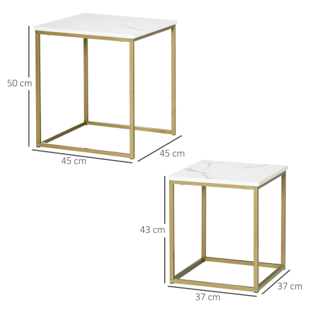  Set de 2 mese patrate, set de mese de cafea stivuite cu cadru din otel, masa de cafea moderna pentru camera de zi, camera de pat, alb [2]