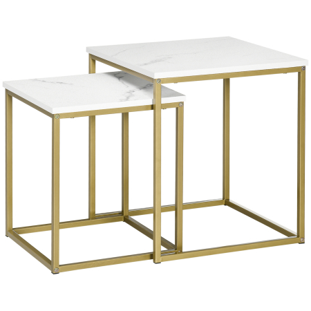 Mese cafea si decorative -  Set de 2 mese patrate, set de mese de cafea stivuite cu cadru din otel, masa de cafea moderna pentru camera de zi, camera de pat, alb