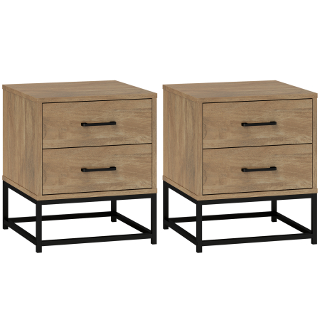 Dormitor & birou -  Set de 2 Noptiere cu 2 Sertare din Lemn si Otel, 40x39.5x48 cm, Lemn Natural