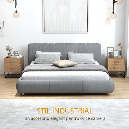  Set de 2 Noptiere cu 2 Sertare din Lemn si Otel, 40x39.5x48 cm, Lemn Natural [5]