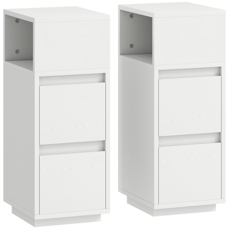 Dormitor & birou -  Set de 2 Noptiere Moderne cu 2 Sertare si Raft Deschis, 25x30x65 cm, Alb