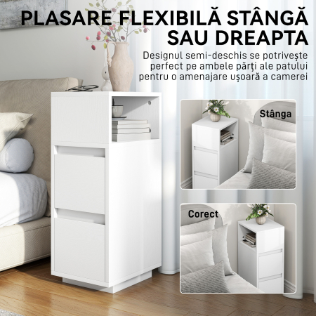  Set de 2 Noptiere Moderne cu 2 Sertare si Raft Deschis, 25x30x65 cm, Alb [5]