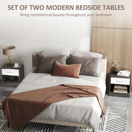  Set de 2 Noptiere Moderne cu Raft Deschis si Sertar, din Lemn, 39x28x41 cm, Alb si Gri inchis [3]