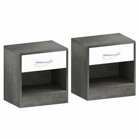 Dormitor & birou -  Set de 2 Noptiere Moderne cu Raft Deschis si Sertar, din Lemn, 39x28x41 cm, Alb si Gri inchis